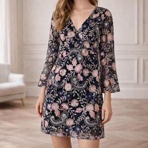 ML Monique Lhuillier x Anthropologie Floral Embroidered Black Pink Mini Dress